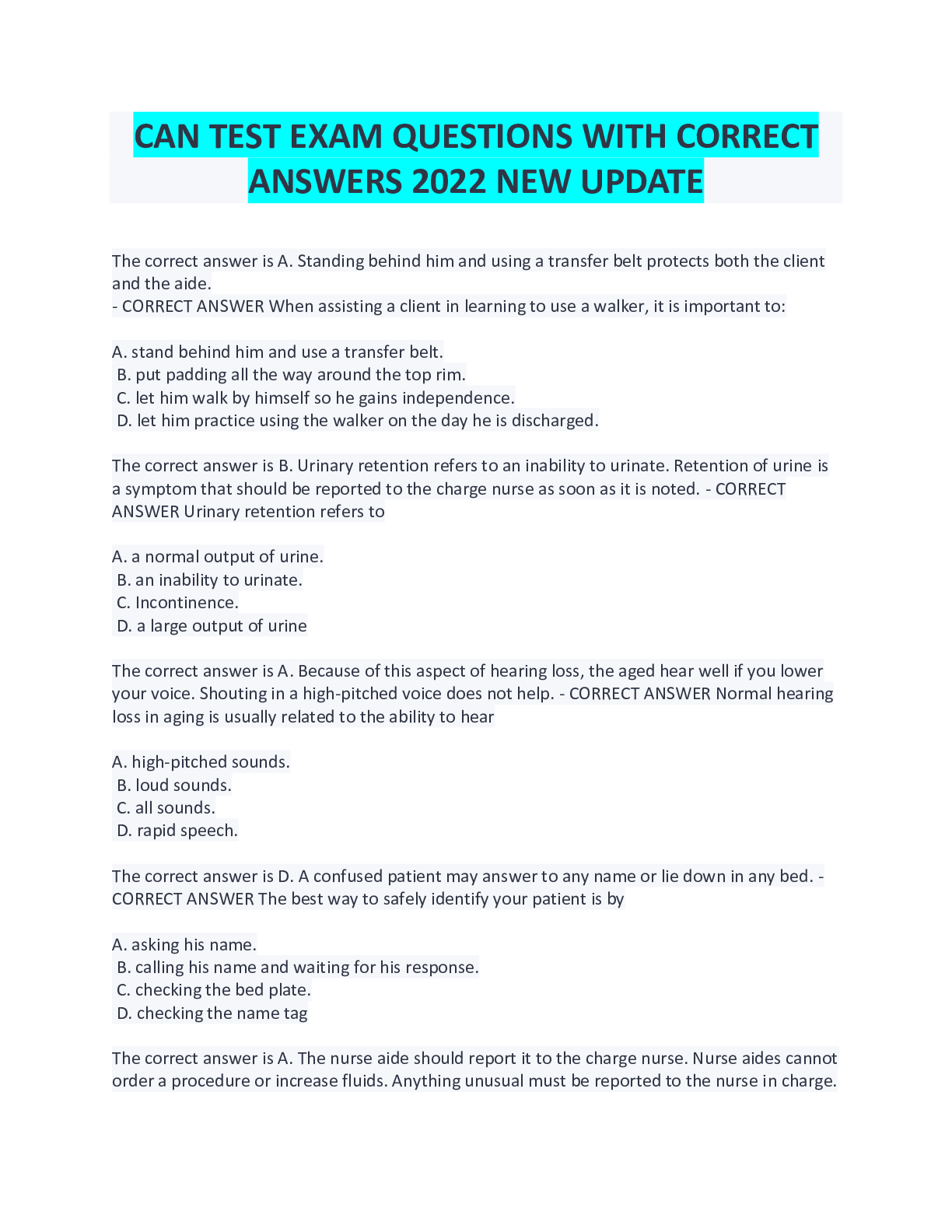 CAN TEST EXAM QUESTIONS WITH CORRECT ANSWERS 2022 NEW UPDATE Browsegrades